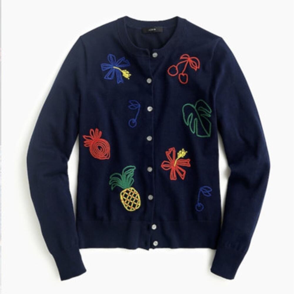 J. Crew Embroidered Fruit Crewneck Button Down Jackie Cardigan Size S